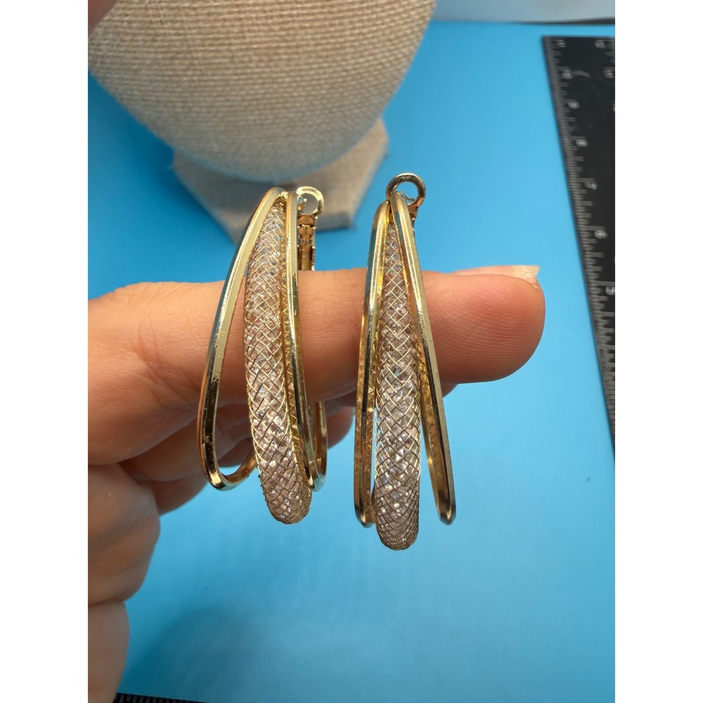 Gold Tone Mesh Crystal Double Hoop Teardrop Earrings Statement Jewelry